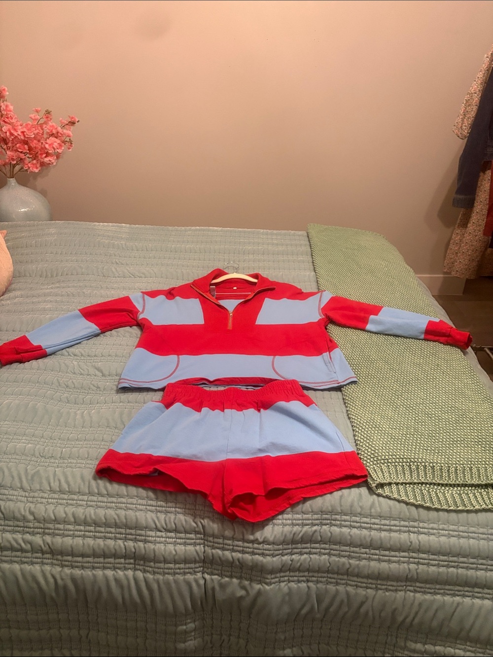 Striped Red and Light Blue Two-Piece Loungewear Set